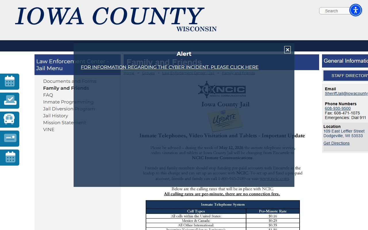 Iowa County Jail visitation schedule and family inmate services