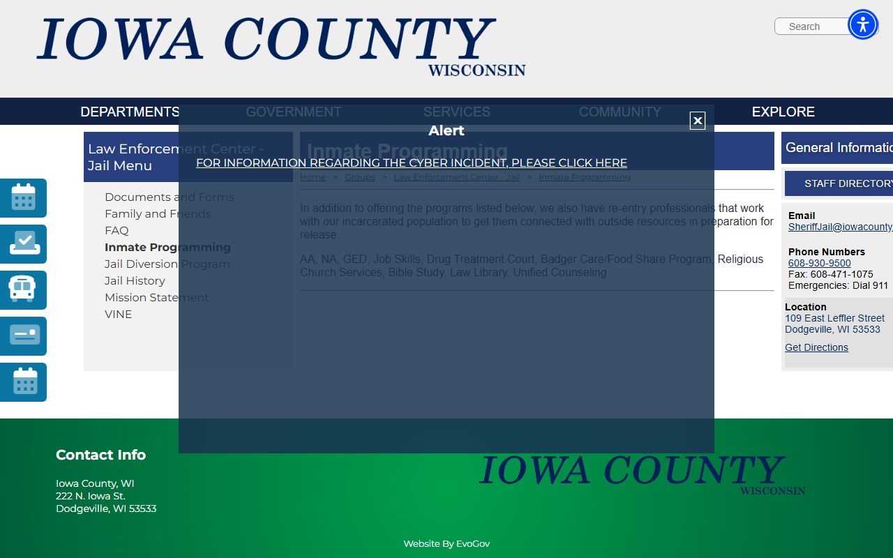 Iowa County Jail inmate programming and reentry services