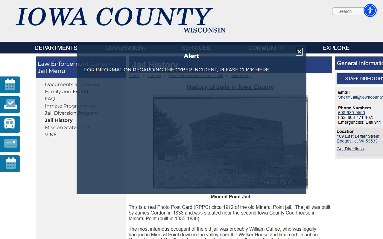 Iowa County Jail history and current 102 bed jail information