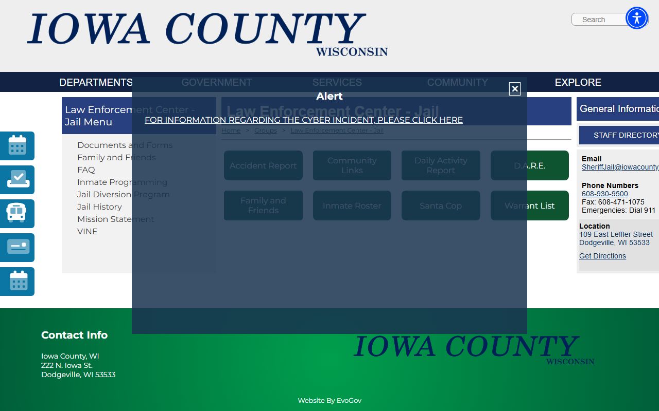 Iowa County Jail roster and inmate population links on the Law Enforcement Center page